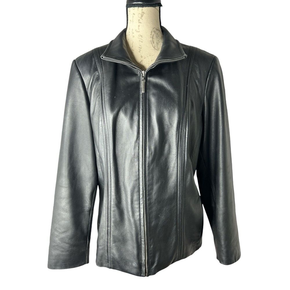 Preston & York Lambskin‎ Leather Jacket Womens Sz Large Black Full Zip